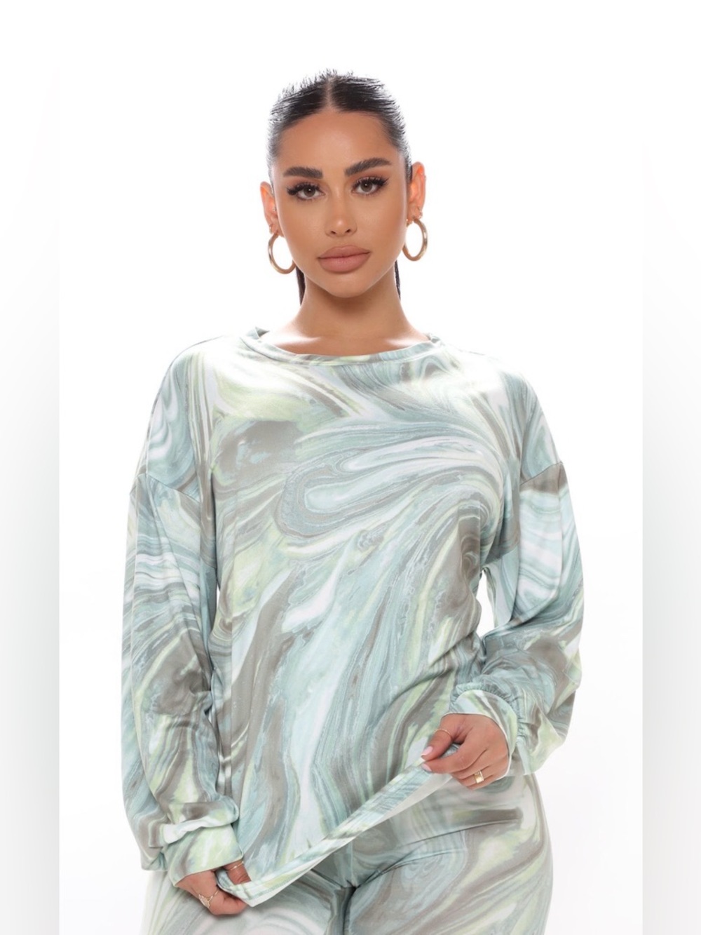 💚 Fashion Nova Marble 2 PC Shirt Top Leggings Lounge Set in Mint Sage Gray XL - Picture 4 of 6